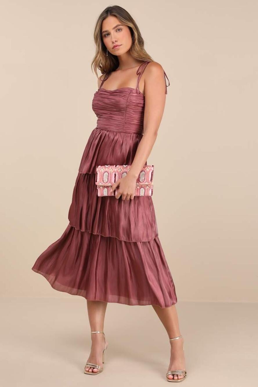NWT Lulus Tennon Dusty Rose Plisse Tiered Midi Dress Party Cocktail Wedding Sz M